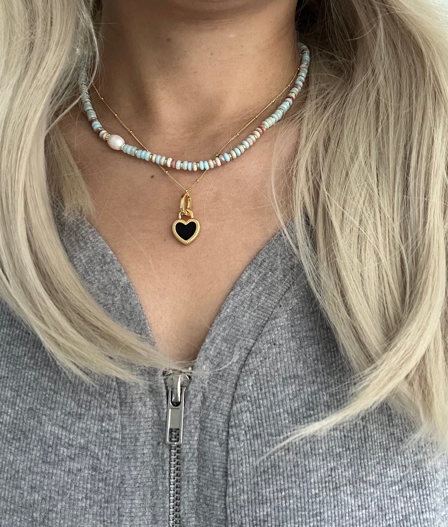 s925 Sterling Silver Gold Plated Necklaces Set: Black Onyx & White Shell Heart Pendant and Natural Stone with Pearls