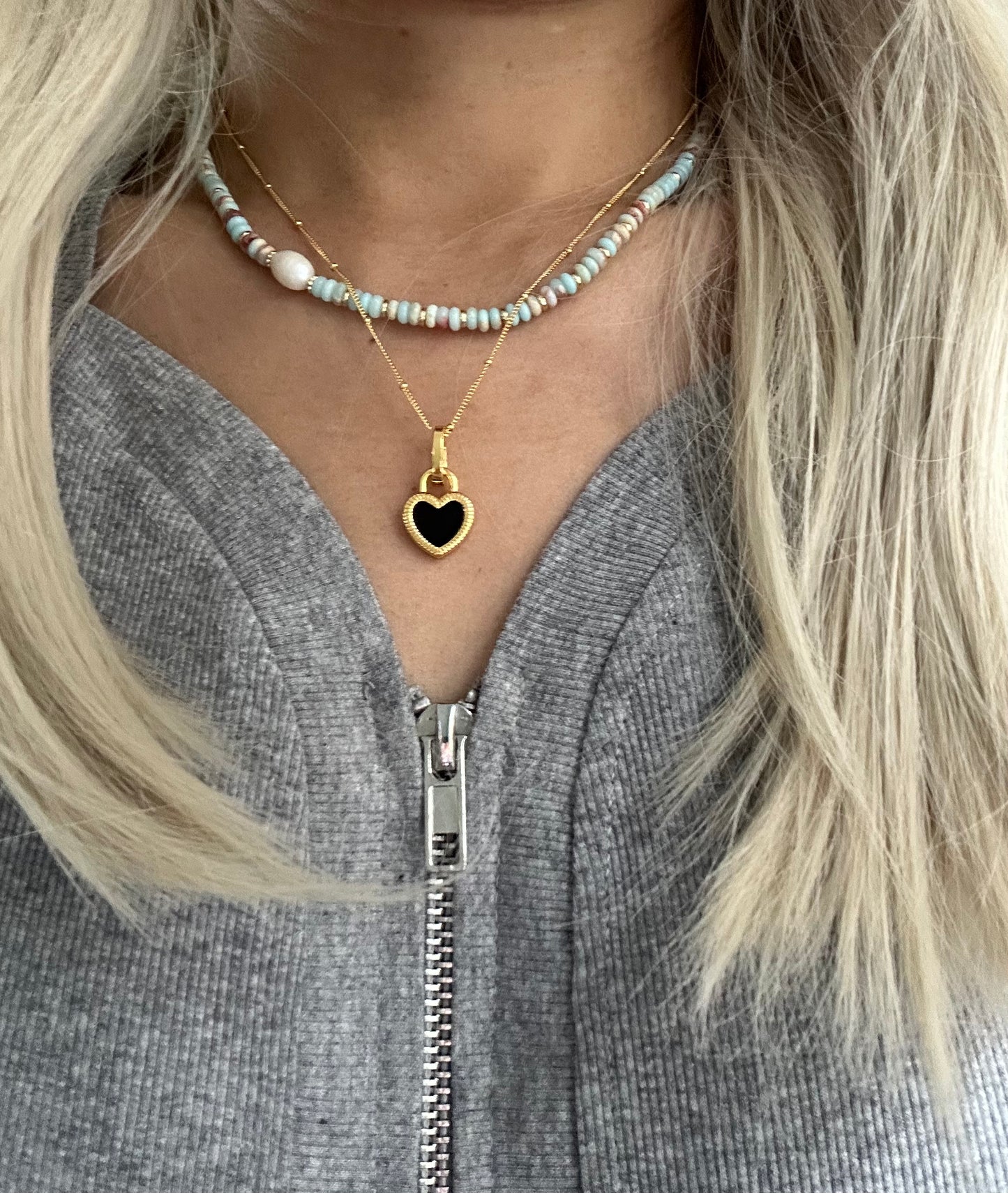 s925 Sterling Silver Gold Plated Necklaces Set: Black Onyx & White Shell Heart Pendant and Natural Stone with Pearls