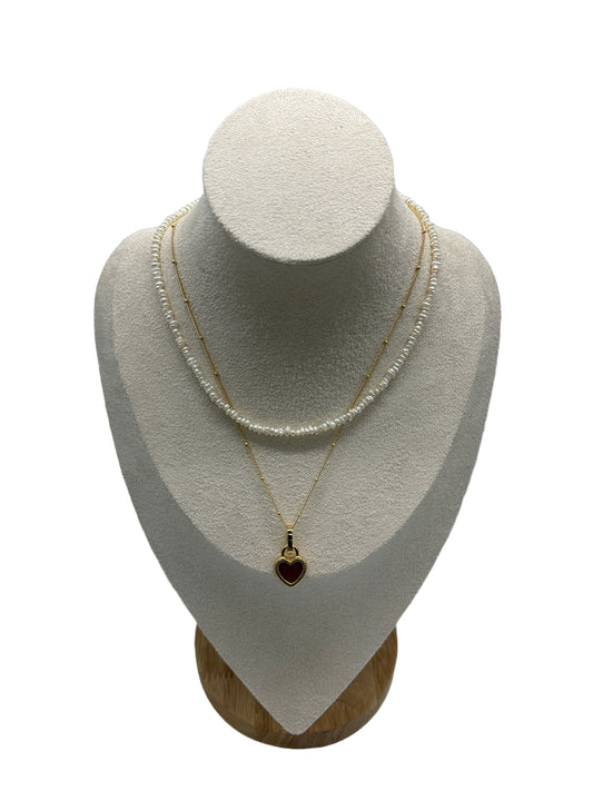 s925 Sterling Silver 18K Gold Plated Red Onyx & White Shell Heart Pendant Necklaces Set