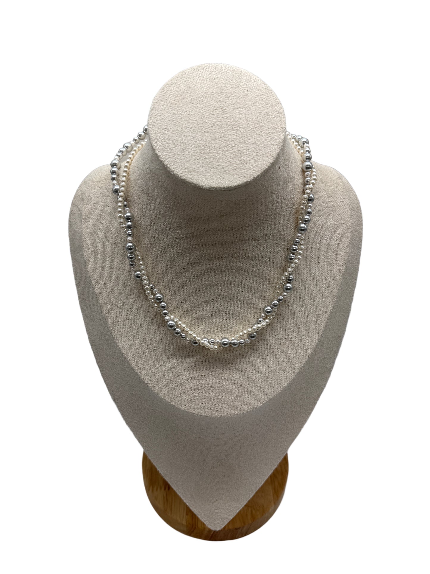 s925 Sterling Silver Twisted Double Layer Necklace with Grey & White Swarovski Pearls