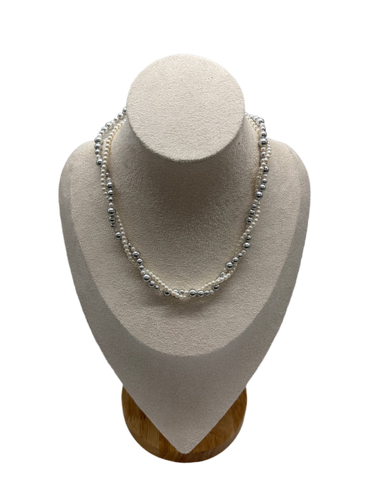 s925 Sterling Silver Twisted Double Layer Necklace with Grey & White Swarovski Pearls