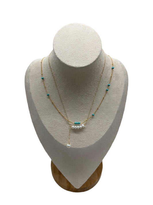 s925 Sterling Silver with 14K Gold Plated Freshwater Pearl & Turquoise Necklaces Set