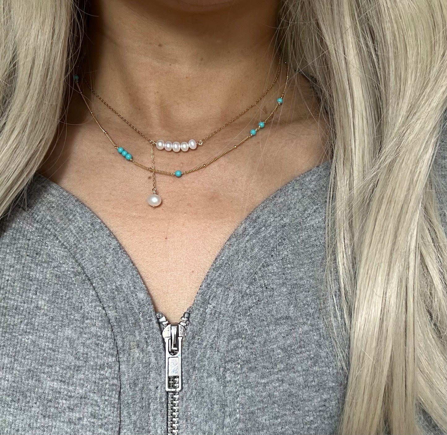 s925 Sterling Silver with 14K Gold Plated Freshwater Pearl & Turquoise Necklaces Set