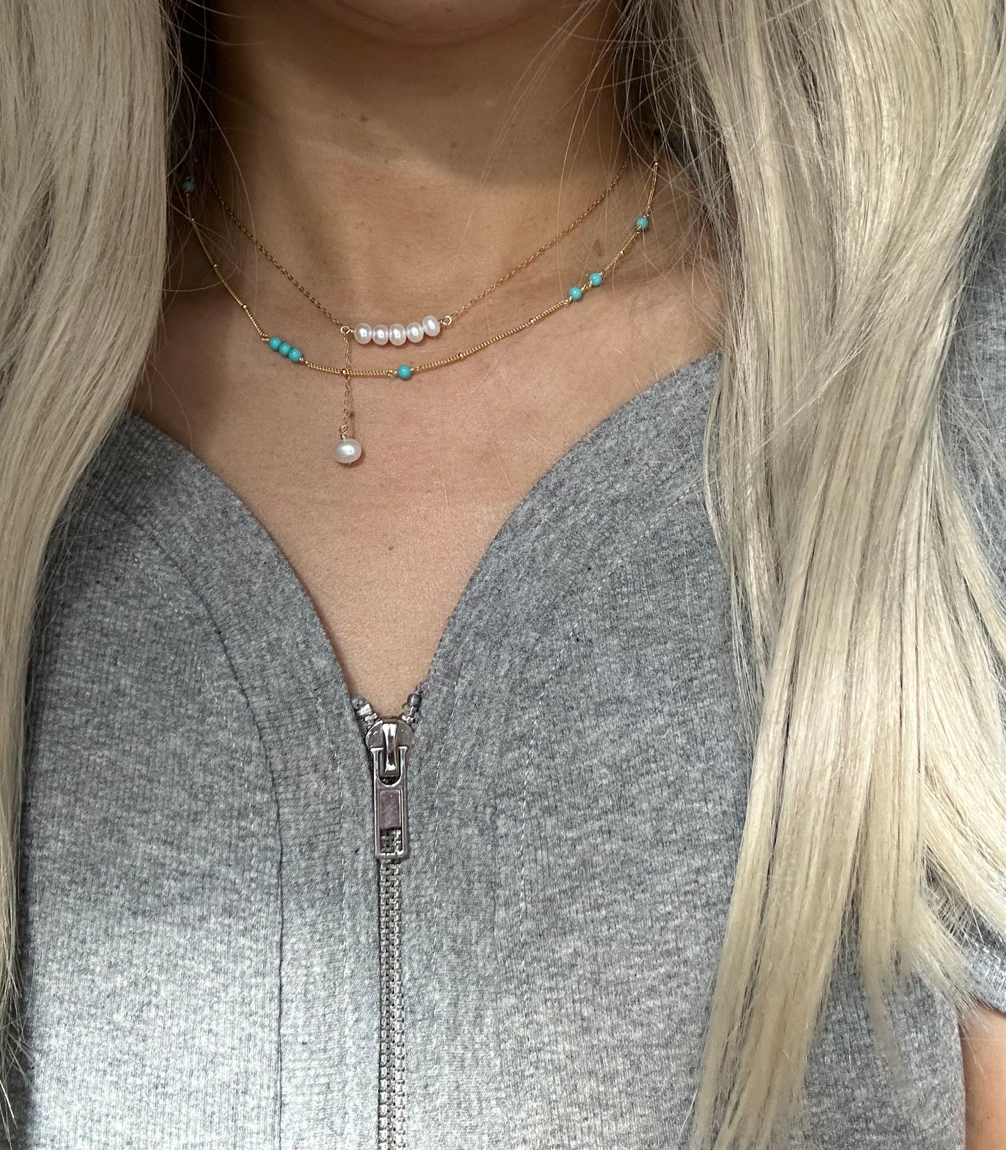 s925 Sterling Silver with 14K Gold Plated Freshwater Pearl & Turquoise Necklaces Set