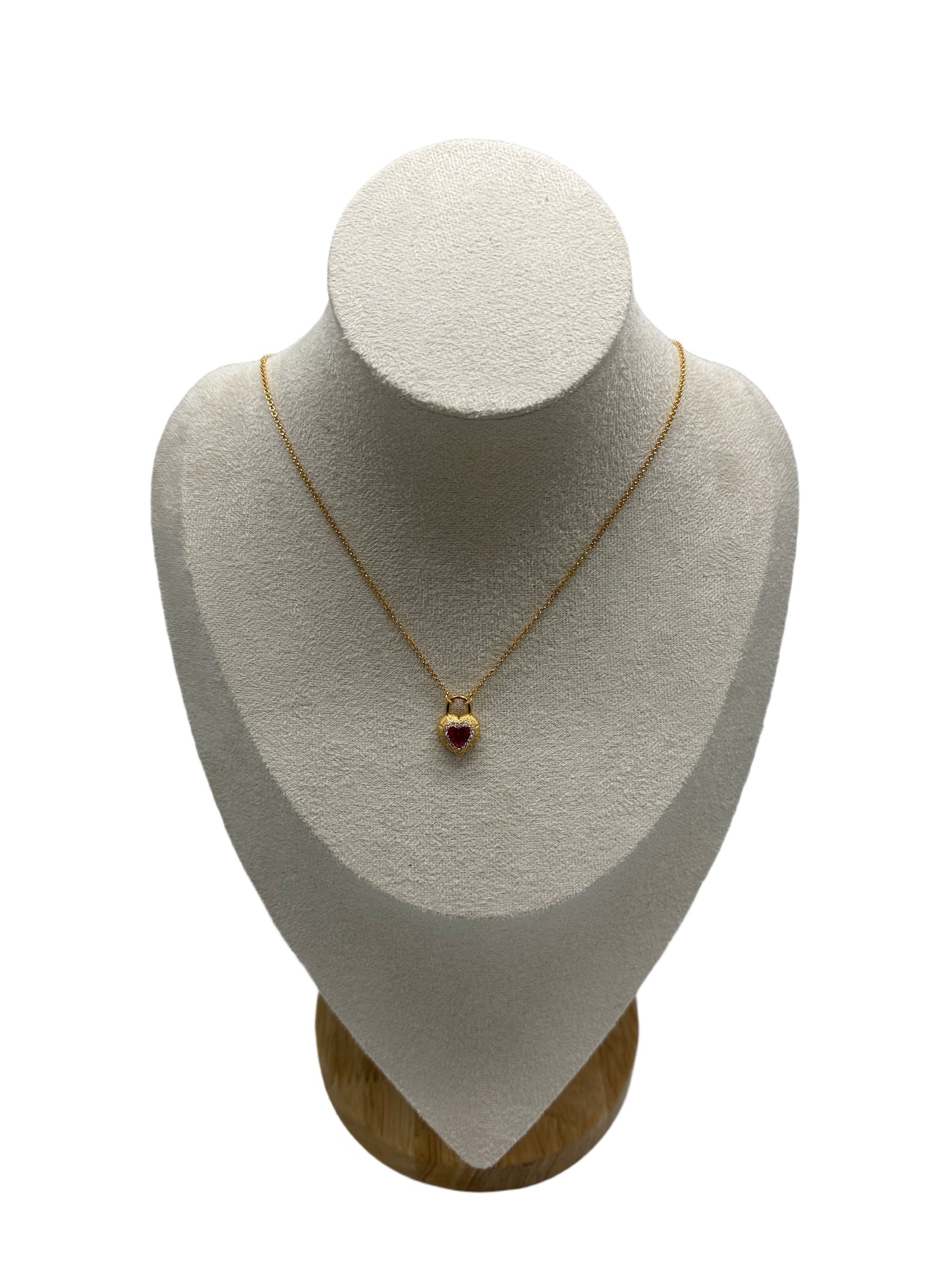 s925 Sterling Silver Gold Plated Heart Lock Necklace with Red Zirconia