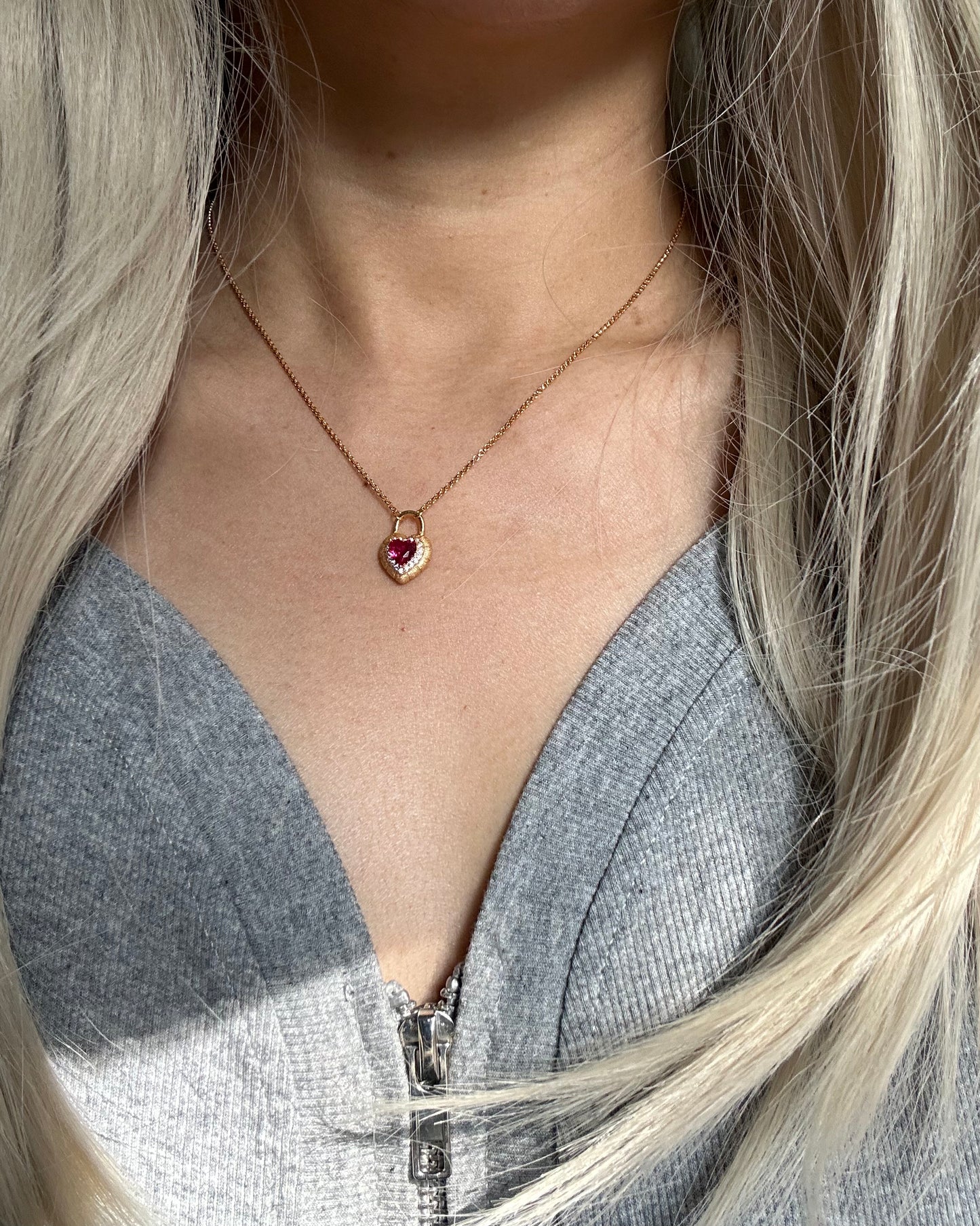 s925 Sterling Silver Gold Plated Heart Lock Necklace with Red Zirconia