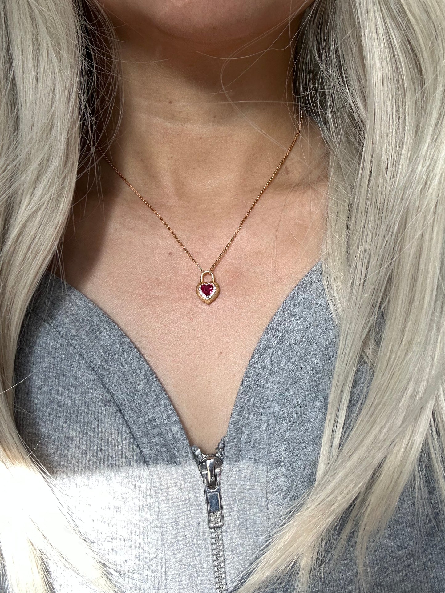 s925 Sterling Silver Gold Plated Heart Lock Necklace with Red Zirconia