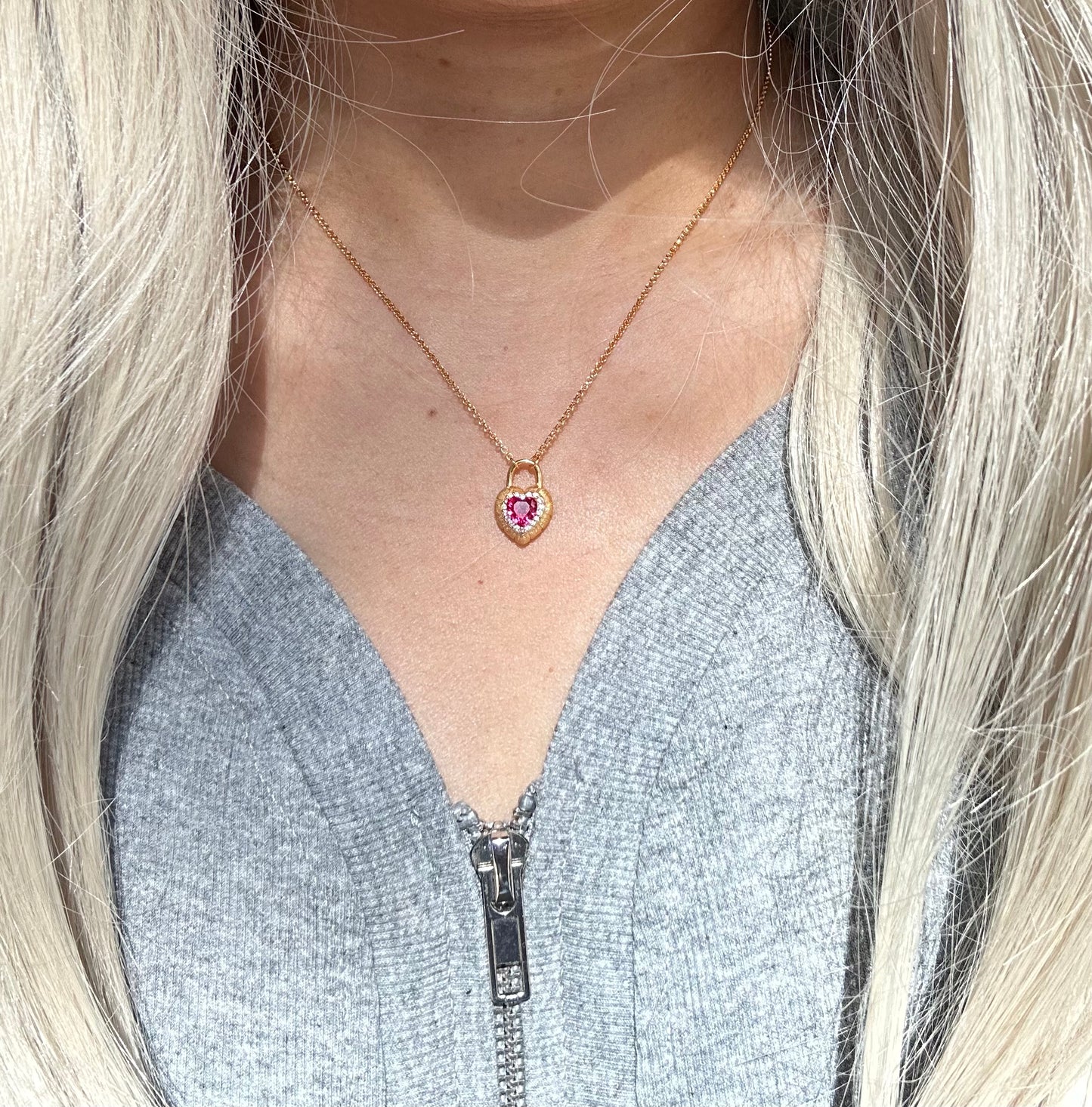 s925 Sterling Silver Gold Plated Heart Lock Necklace with Red Zirconia