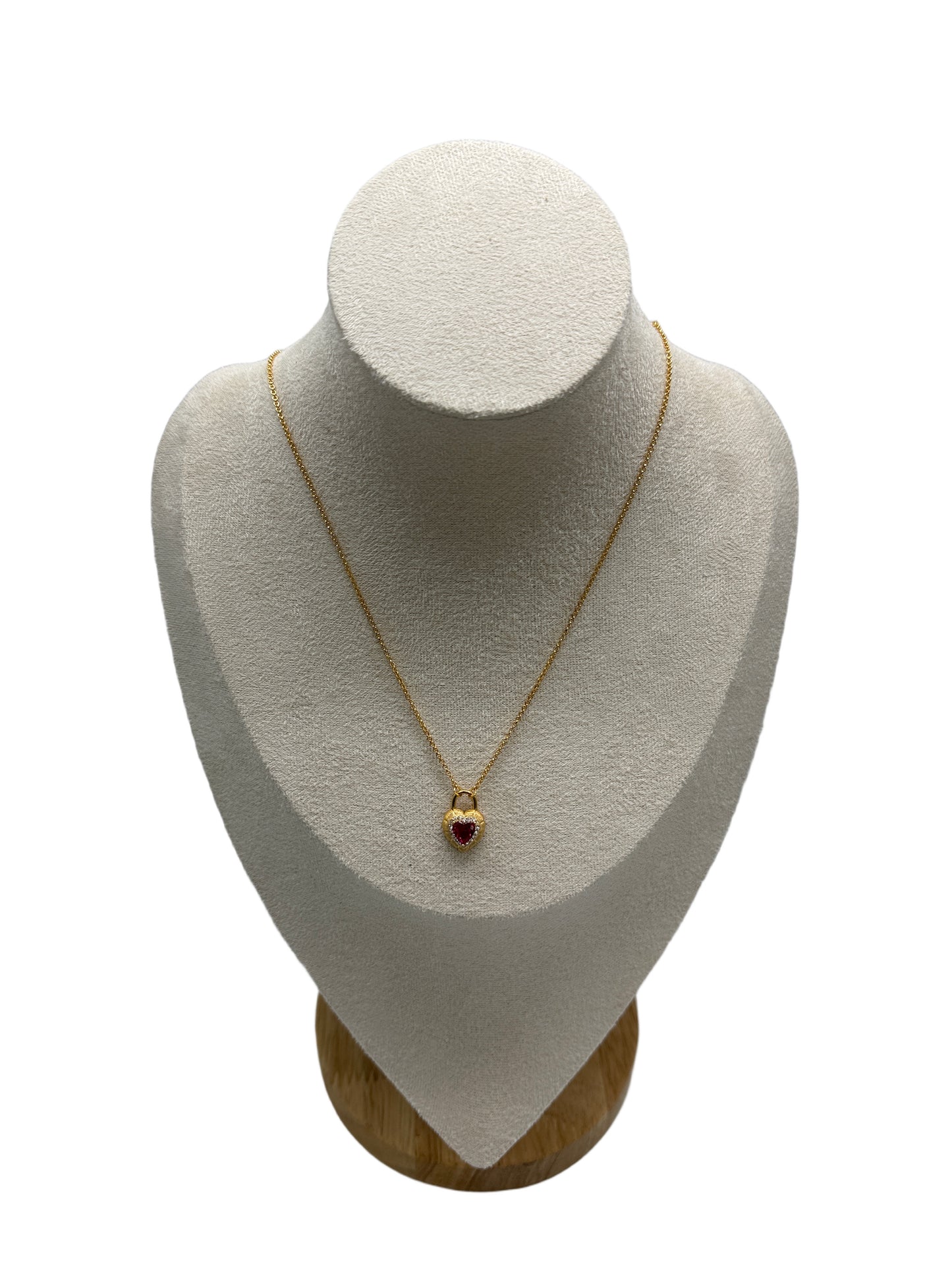 s925 Sterling Silver Gold Plated Heart Lock Necklace with Red Zirconia
