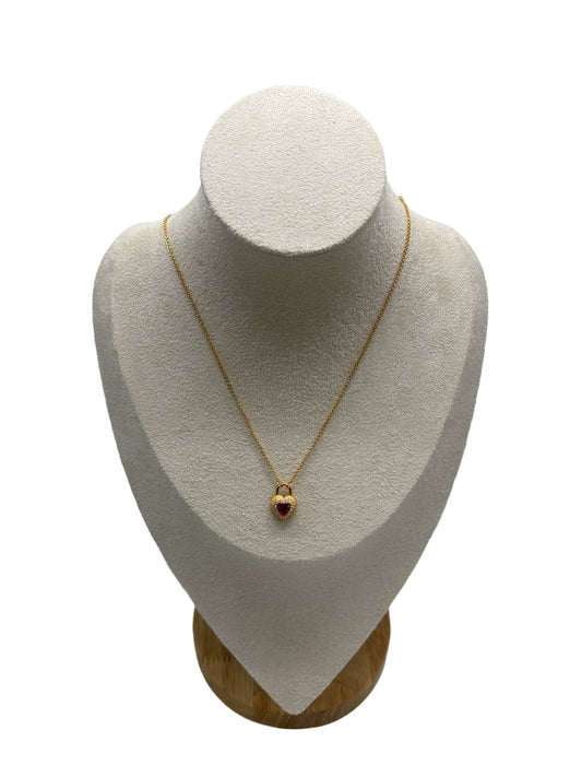 s925 Sterling Silver Gold Plated Heart Lock Necklace with Red Zirconia