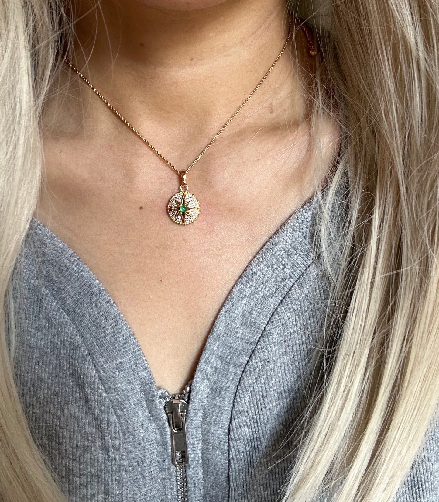 s925 Sterling Silver Gold Plated Necklace with Natural Green Stone & Zirconia