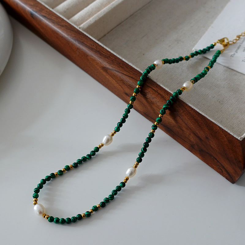 s925 Sterling Silver Gold Plated Necklaces Set: Malachite & Pearls + Tiger's Eye