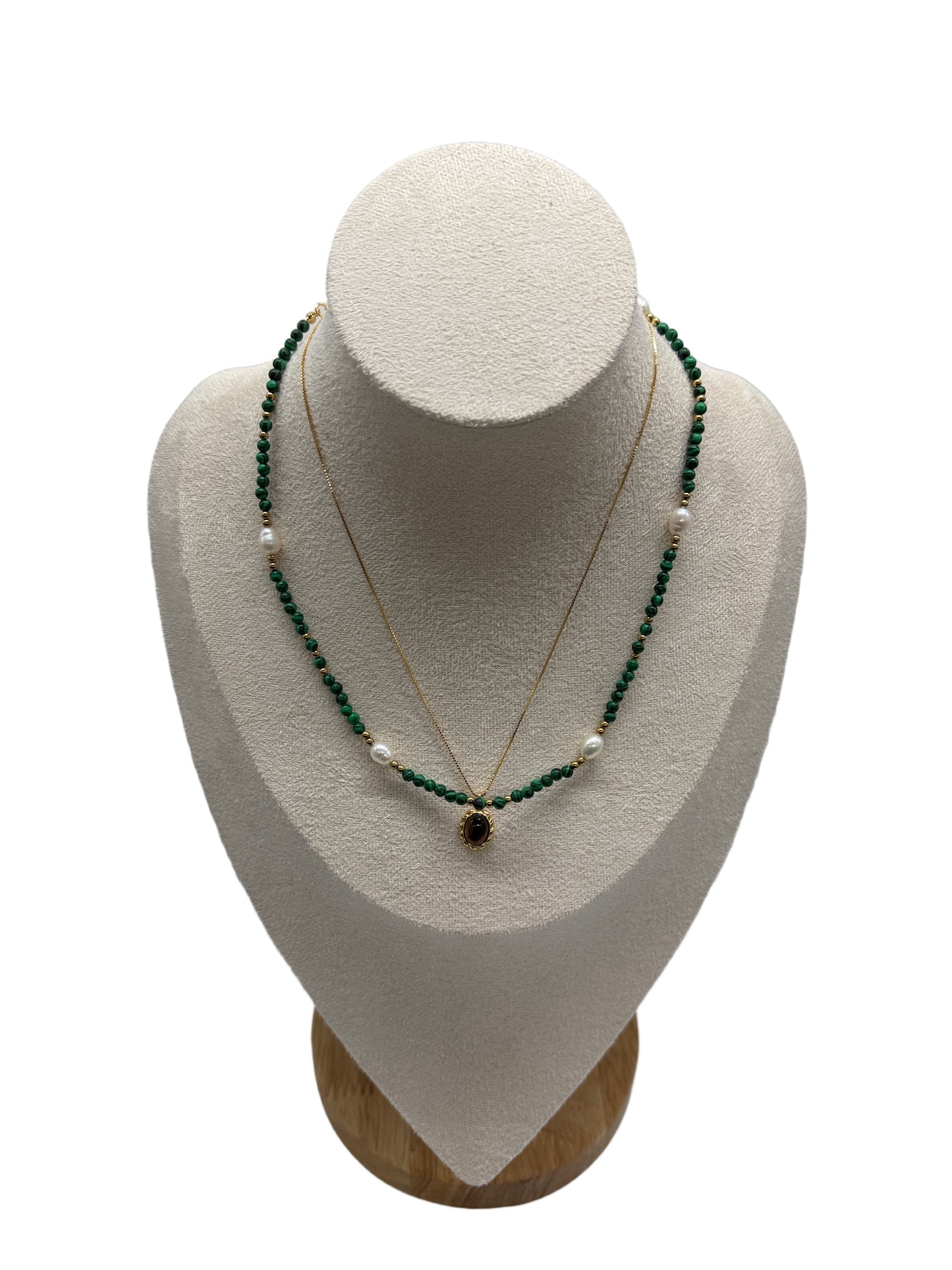 s925 Sterling Silver Gold Plated Necklaces Set: Malachite & Pearls + Tiger's Eye