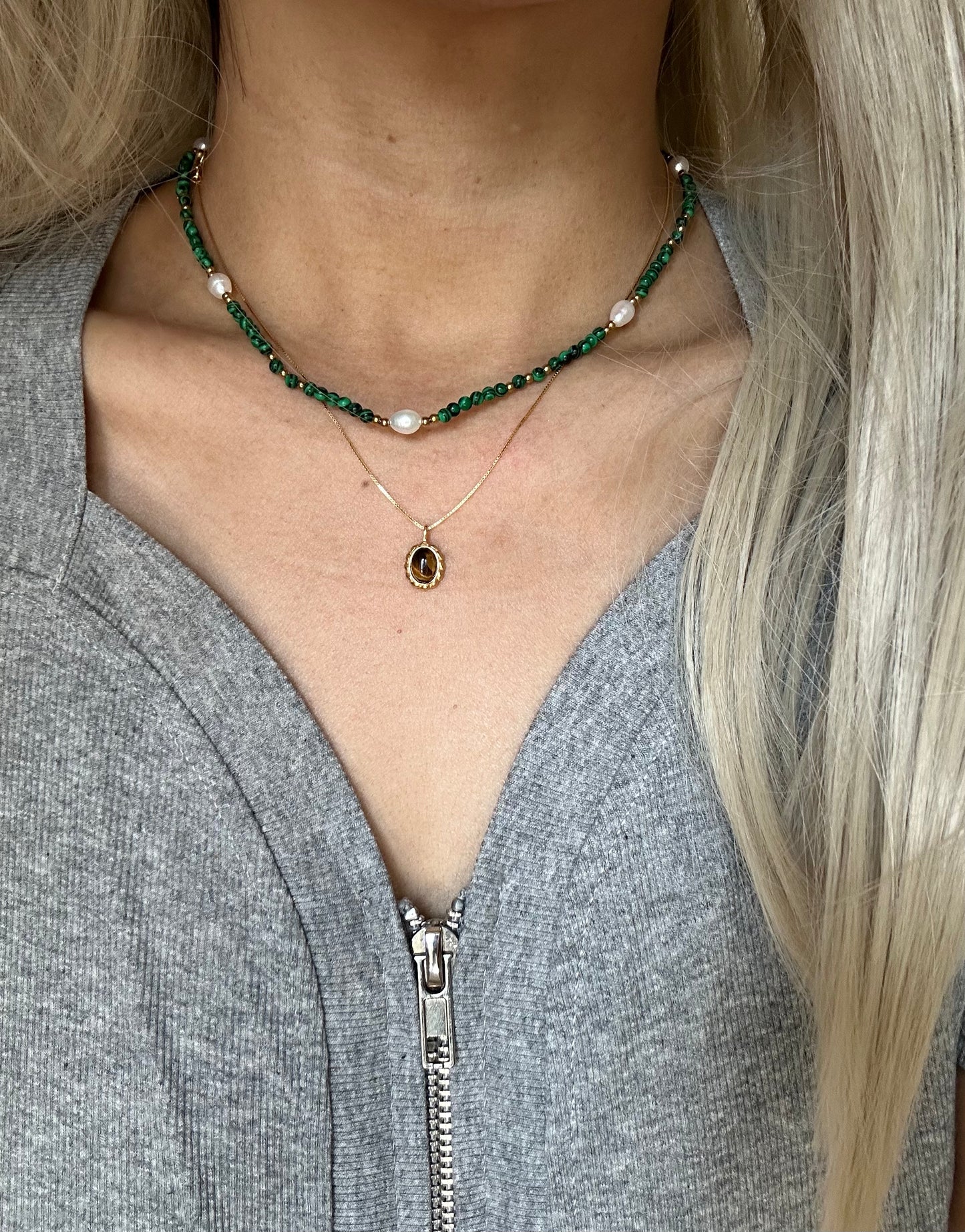 s925 Sterling Silver Gold Plated Necklaces Set: Malachite & Pearls + Tiger's Eye