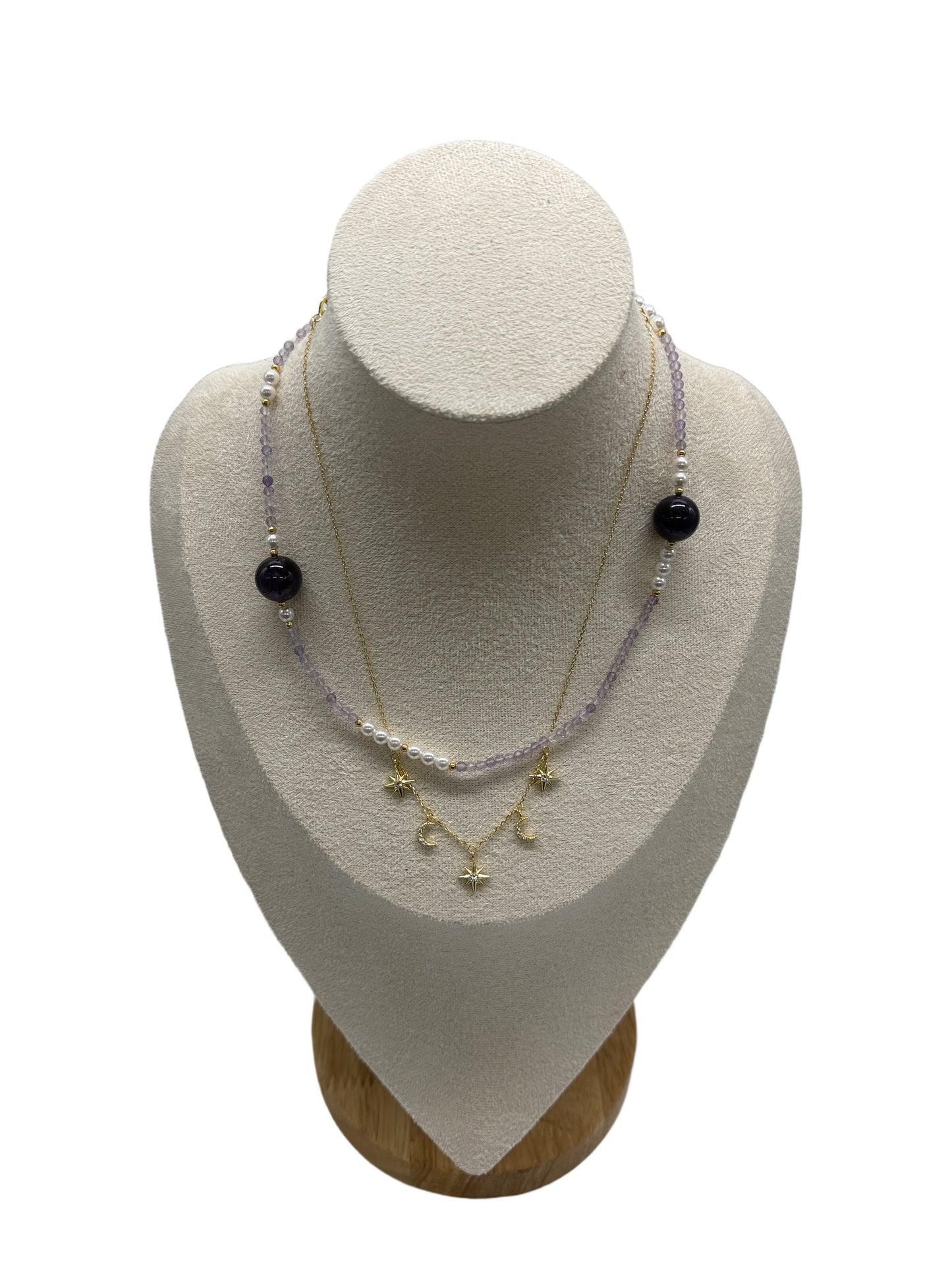 s925 Sterling Silver Amethyst, Pearl Necklace with Star & Moon Gold Plated Layered Necklaces Set