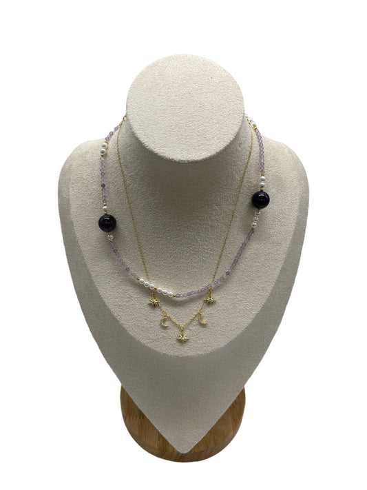s925 Sterling Silver Amethyst, Pearl Necklace with Star & Moon Gold Plated Layered Necklaces Set