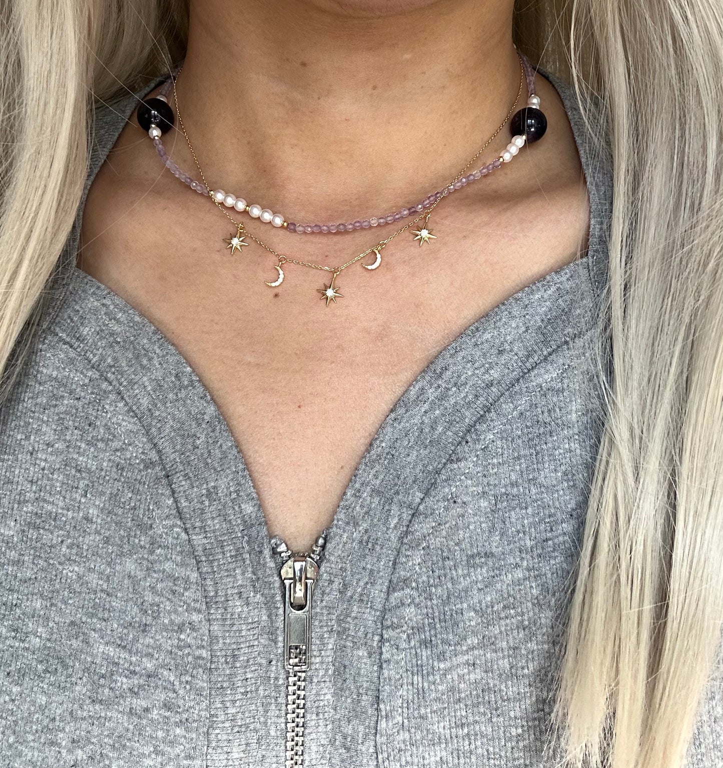 s925 Sterling Silver Amethyst, Pearl Necklace with Star & Moon Gold Plated Layered Necklaces Set