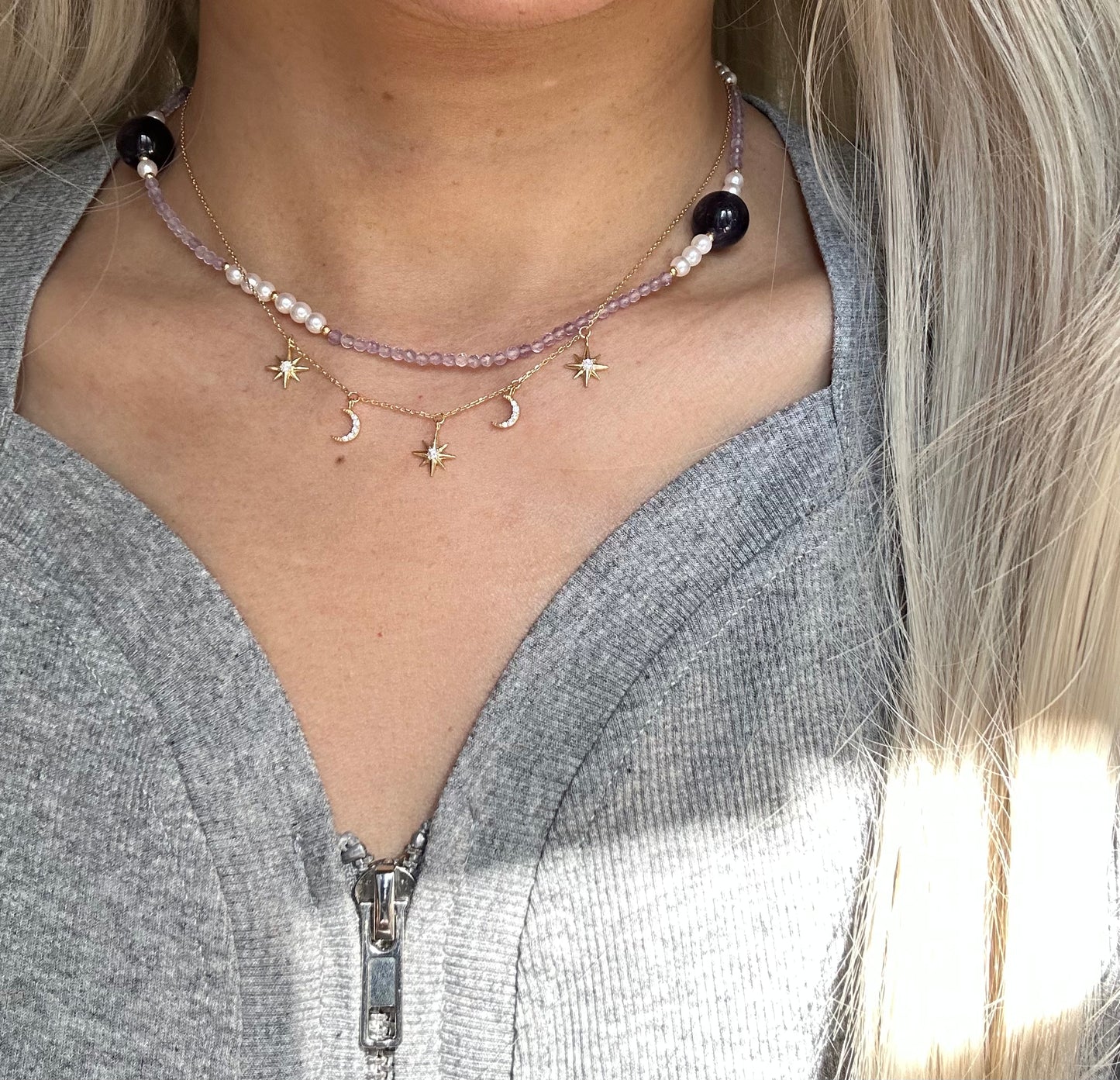 s925 Sterling Silver Amethyst, Pearl Necklace with Star & Moon Gold Plated Layered Necklaces Set