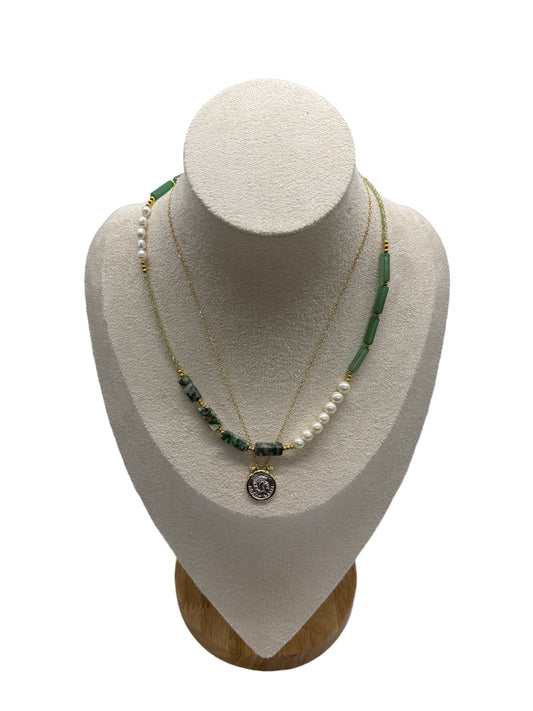 s925 Sterling Silver Turquoise & Pearl Necklace with Vintage Roman Empire Knight Pendant Necklace Set