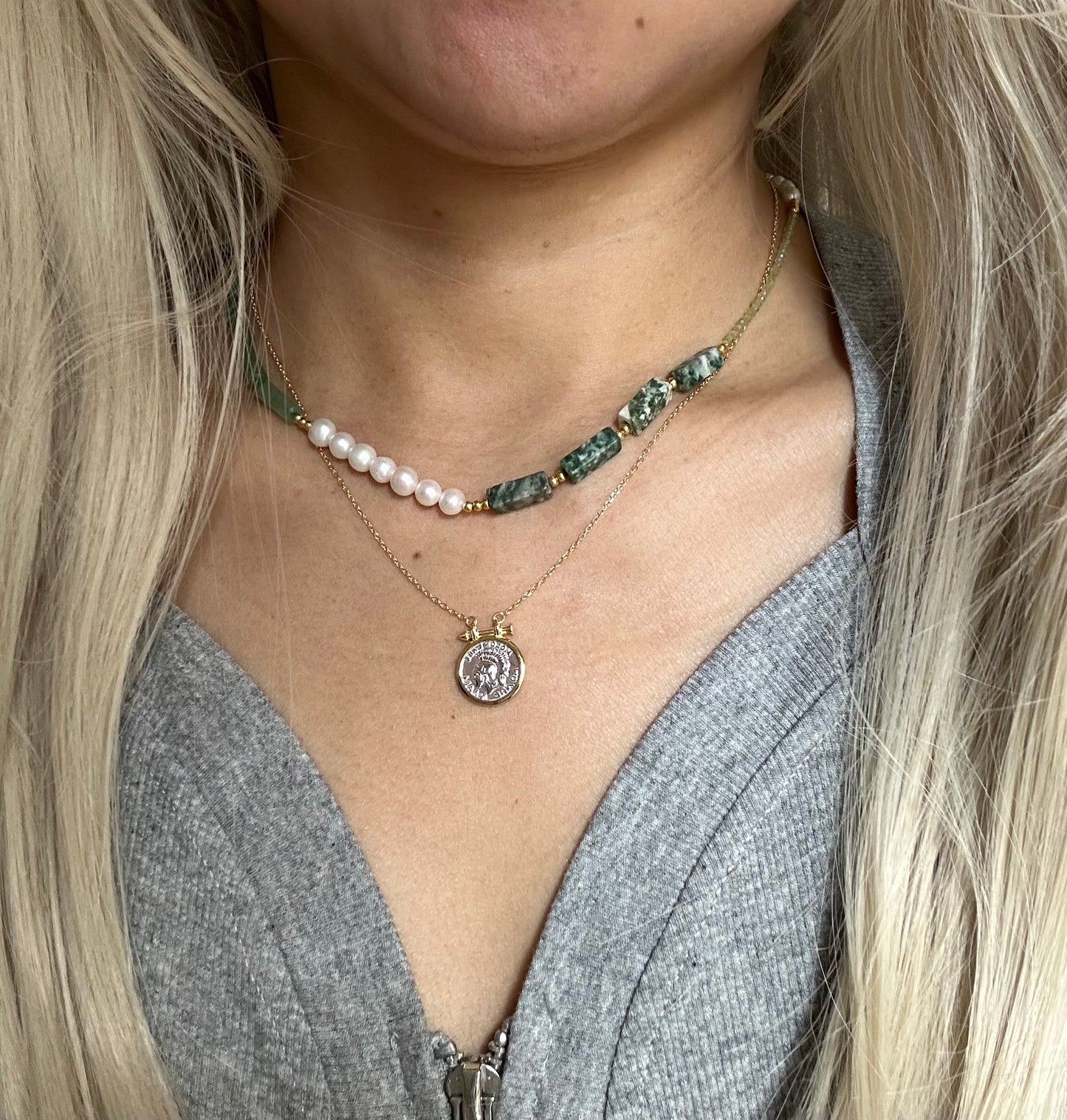 s925 Sterling Silver Turquoise & Pearl Necklace with Vintage Roman Empire Knight Pendant Necklace Set