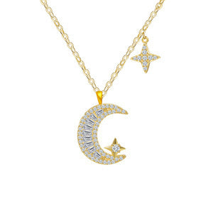 s925 Sterling Silver 18K Gold Plated Star & Moon Full Zircon Necklace