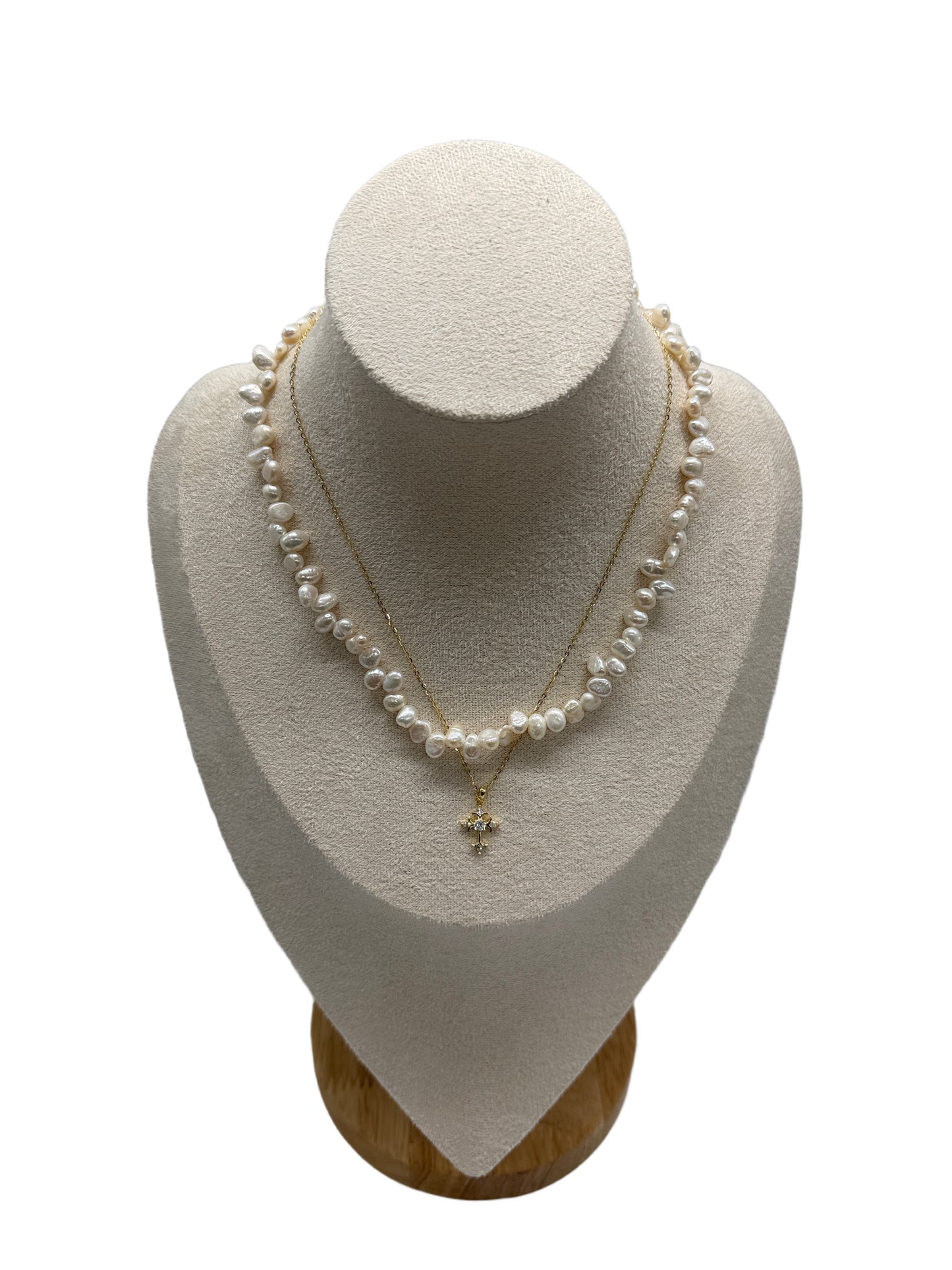 s925 Sterling Silver Gold Plated Zircon Cross Necklace & Natural Baroque Pearl Choker Necklace Set