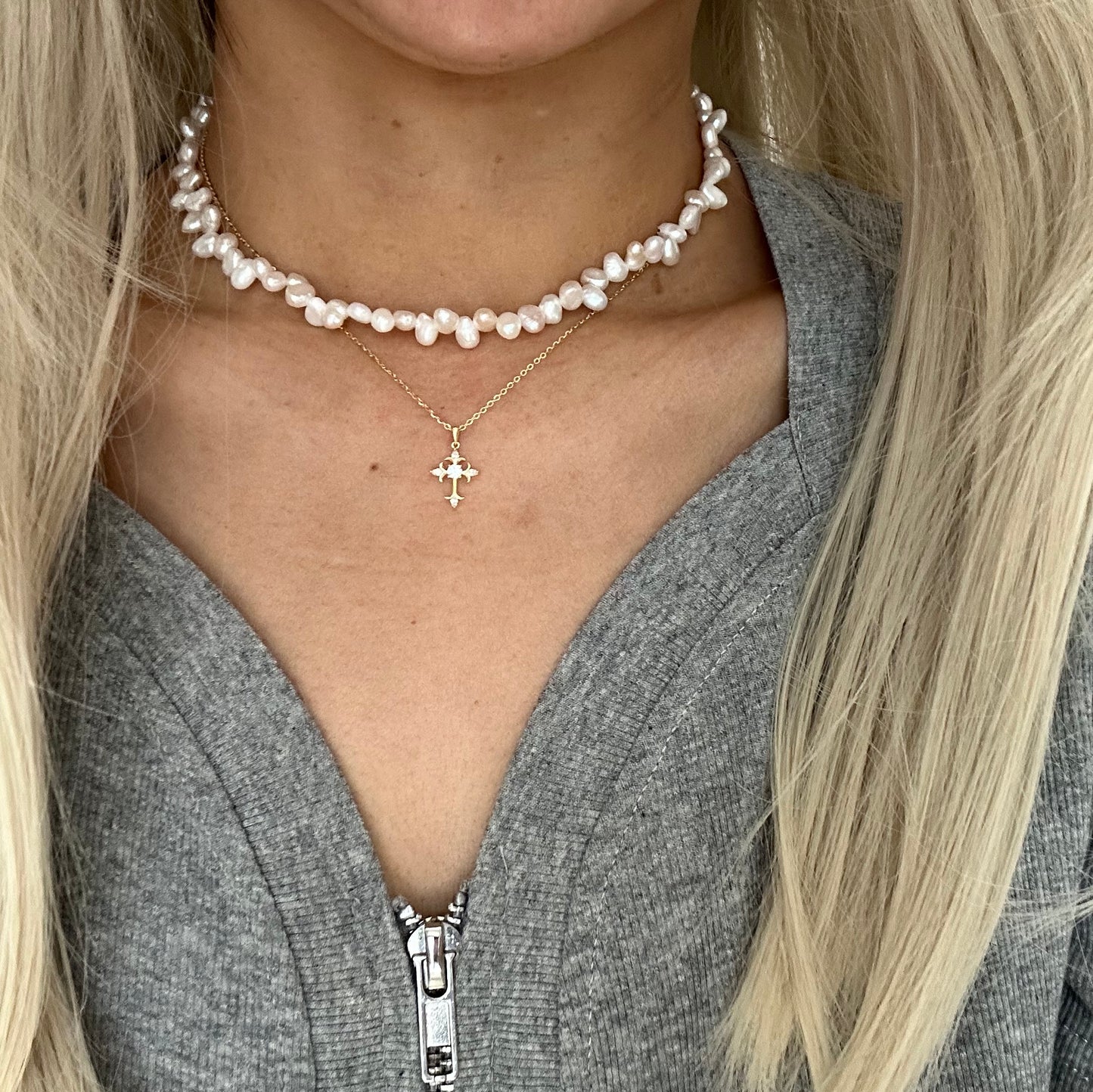 s925 Sterling Silver Gold Plated Zircon Cross Necklace & Natural Baroque Pearl Choker Necklace Set