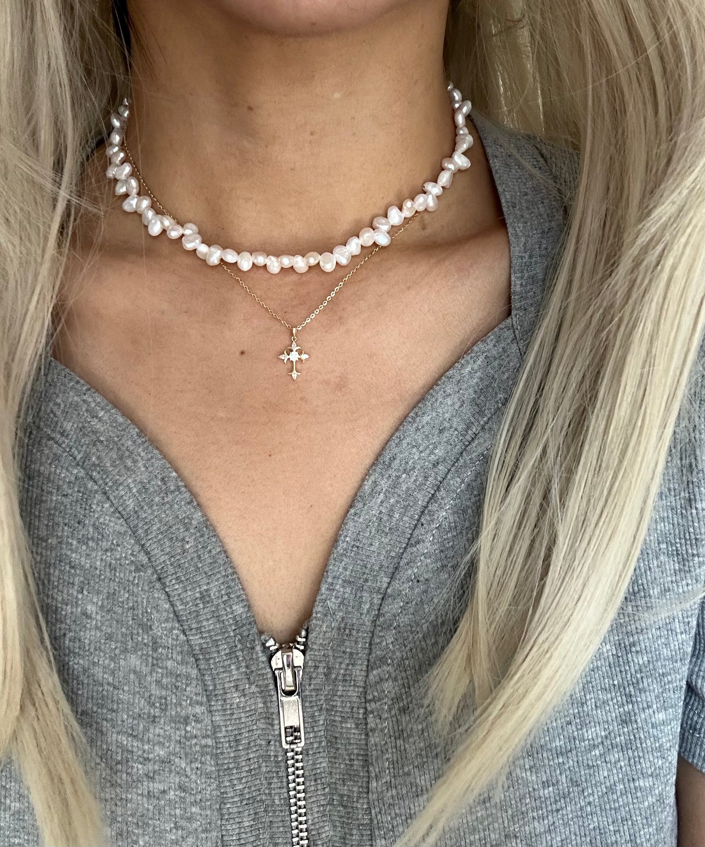 s925 Sterling Silver Gold Plated Zircon Cross Necklace & Natural Baroque Pearl Choker Necklace Set