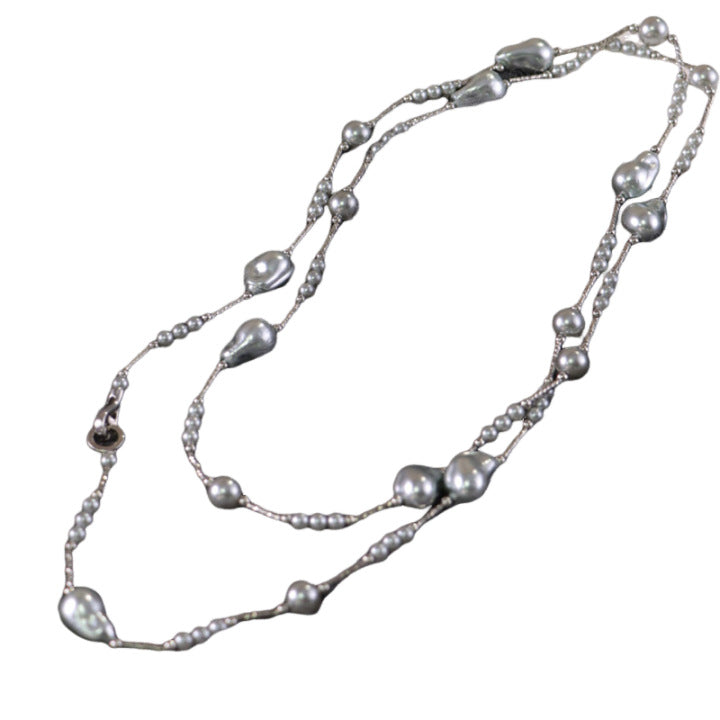 Grey Baroque Pearl Platinum Necklace - Multi-Wear Layered Sweater Chain