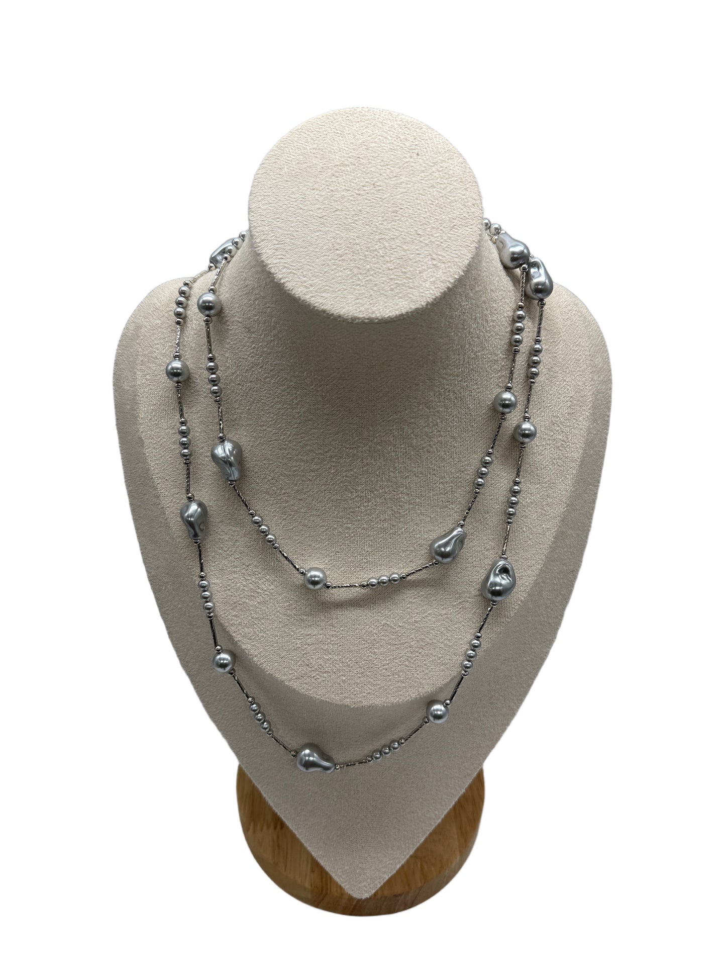 Grey Baroque Pearl Platinum Necklace - Multi-Wear Layered Sweater Chain