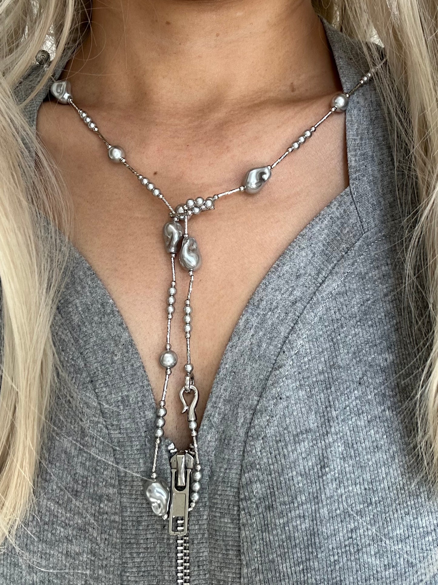 Grey Baroque Pearl Platinum Necklace - Multi-Wear Layered Sweater Chain