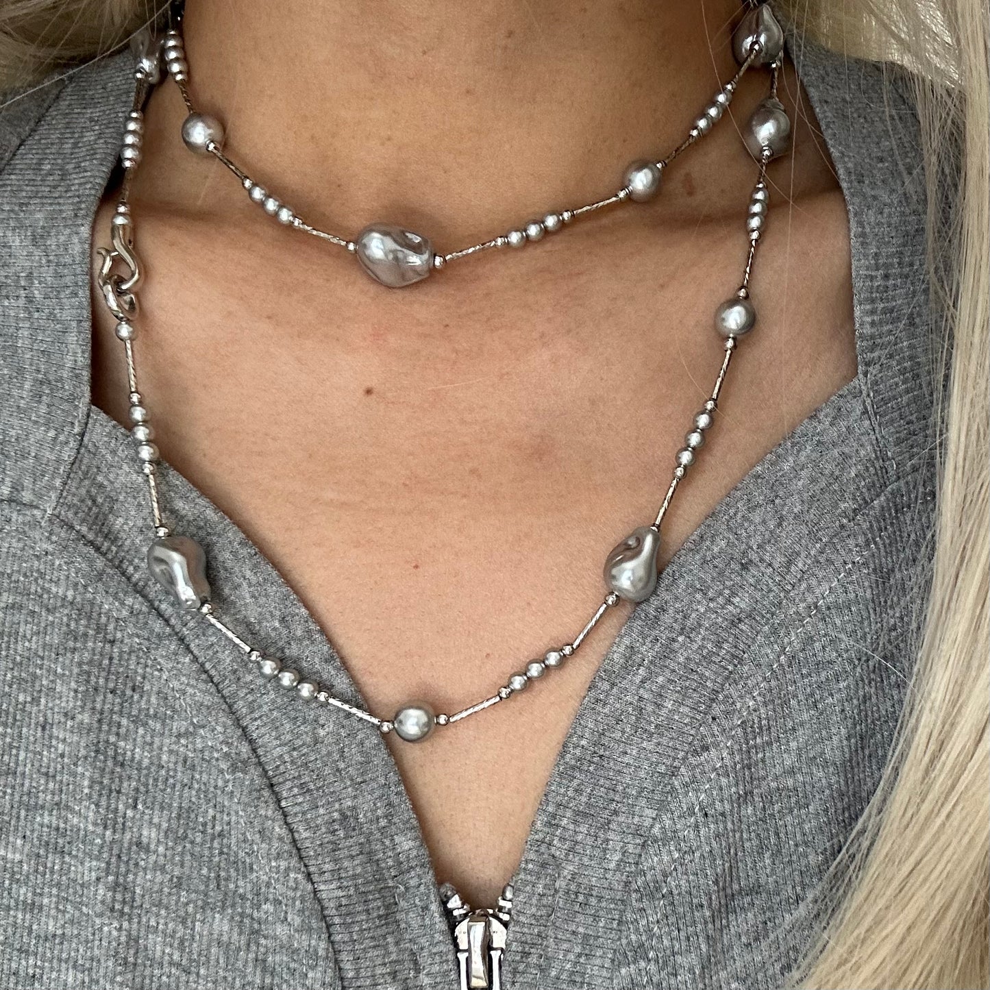 Grey Baroque Pearl Platinum Necklace - Multi-Wear Layered Sweater Chain